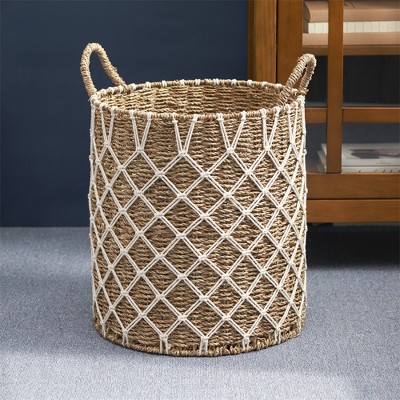Cesicia Round Water Hyacinth Woven Basket with Handles - 15" x 15" x 15.7" - Natural Brown - For , Towels, Toys