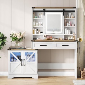 Makeup Vanity Desk with Sliding Mirror, Lights & Adjustable Storage Cabinets, White - 1 of 4