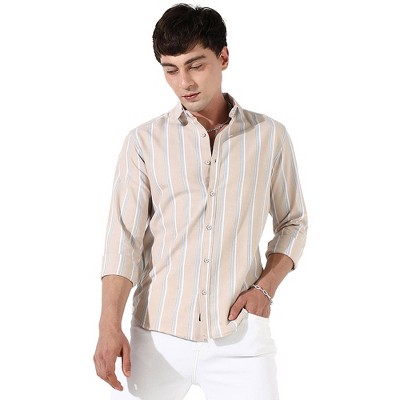 Campus Sutra Men Men's Beige Striped Cotton Shirt