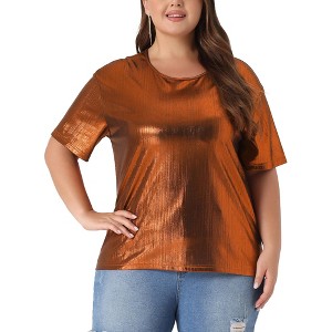 Agnes Orinda Women's Plus Size Metallic Round Neck Short Sleeve Summer Carnival Party Blouses - 1 of 4