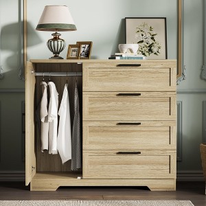 Wood Armoire Wardrobe Closet with 4 Drawers and Door, 43.3" Bedroom Cabinet, Hanging Rod, Clothing Storage Dresser - 1 of 4