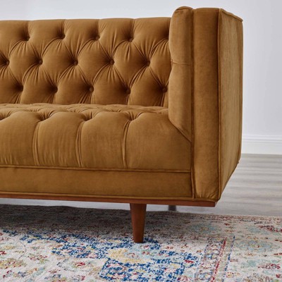 Cognac Tufted Faux Leather Sofa with Track Arm and Wood Frame
