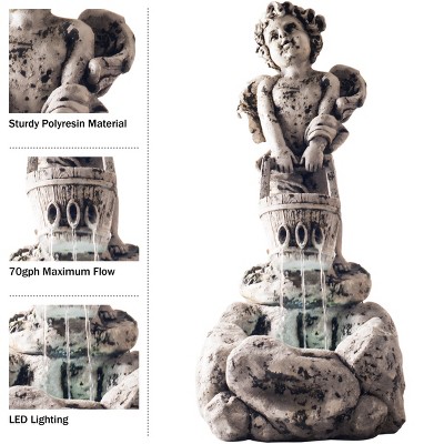 Distressed Stone Cherub Angel Water Fountain with LED Lights