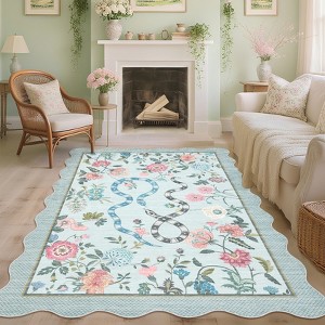 Washable Scalloped Area Rugs Floral Printed Dining Room Carpet Non Slip Low Pile Accent Rug Farmhouse Snake Indoor Floor Cover for Living Room - 1 of 4
