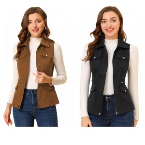 INSPIRE CHIC Women's Zip-Up Sleeveless Turn Down Collar Cargo Utility Vest with Pockets 2 Packs - 1 of 4
