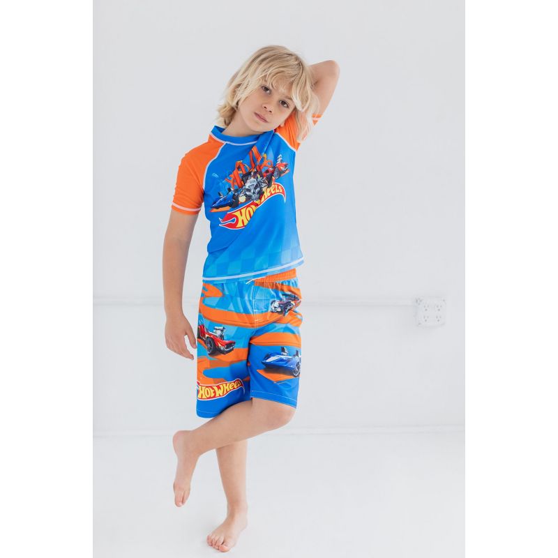 Hot Wheels UPF 50+ Pullover Rash Guard and Swim Trunks Outfit Set Toddler to Big Kid, 2 of 9