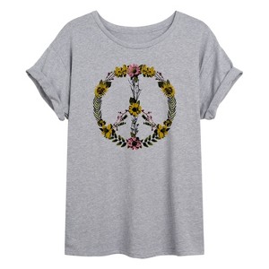 Women's - Instant Message - Floral Peace Sign Oversized Graphic T-Shirt - 1 of 4