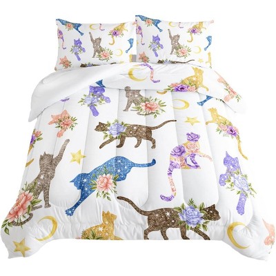 Floral Cat & Flowers Bedding Set - Cute Floral Cat Print Comforter Set,with 1 Comforter + 2 Pillowcases for Pet Lovers,Machine washable