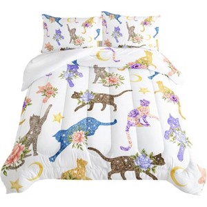 Floral Cat & Flowers Bedding Set - Cute Floral Cat Print Comforter Set,with 1 Comforter + 2 Pillowcases for Pet Lovers,Machine washable - 1 of 4