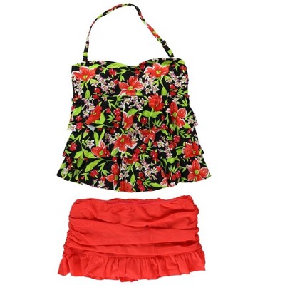 Island Escape Womens Tiered Ruffle Floral 2 Piece Tankini