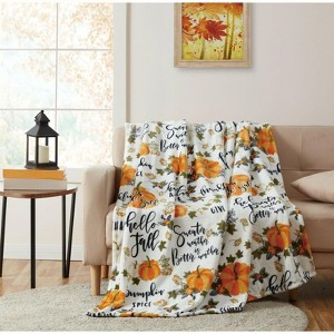 Kate Aurora Harvest Time Autumn Floral Give Thanks Ultra Soft & Plush Oversized Accent Throw Blanket - White - 1 of 3