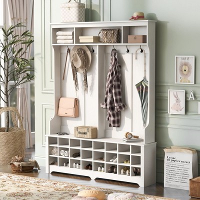 NicBex 60"L Hall Tree with Bench and Multiple Open Storage Spaces Coat Rack with 6 Hooks and 24 Shelves for Hallway