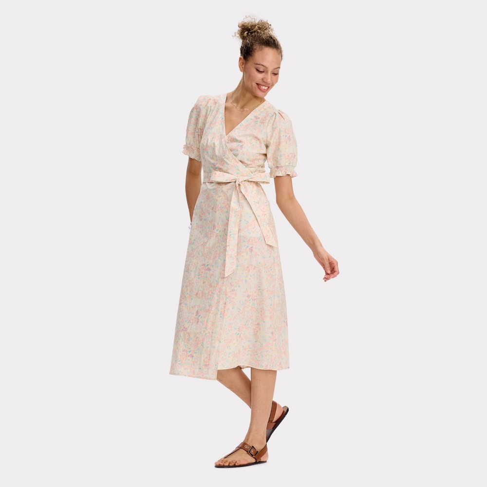 Women's Puff Short Sleeve Midi Wrap Dress - Universal Thread™ Light Pink Floral XS
