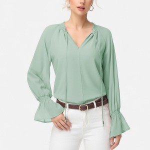 Anna-Kaci Women's Long Sleeve Blouse with Flounce Cuffs and Ruffle Trim Tie Neck Design - 1 of 4