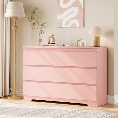 Modern Pink 6 Drawer Dresser, Chest of Drawers, 6 Drawer Dresser for Clothes Storage, Wood Storage Double Dresser for Bedroom, Living Room, Entryway