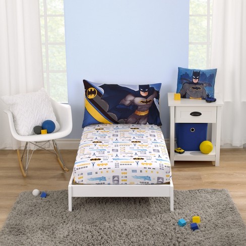 Warner Brothers Batman The Caped Crusader Blue, Gray, and Yellow 2 Piece Toddler Sheet Set - Fitted Bottom Sheet and Reversible Pillowcase - image 1 of 4