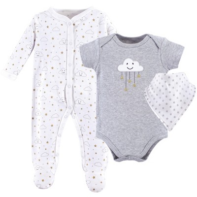 Hudson Baby Infant Unisex Cotton Sleep and Play, Bodysuit and Bandana Bib Set, Gray Clouds