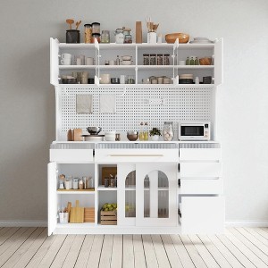 63" Buffet with Hutch, Large Farmhouse Storage Cabinet with 6 Drawers, 5 Cabinets, Adjustable Shelves, Pegboard & Towel Rack - 1 of 4