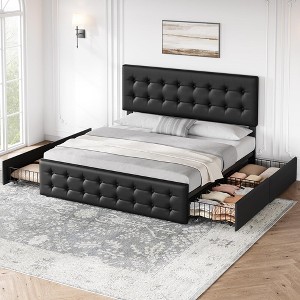 Whizmax Bed Frame with 4 Storage Drawers and Headboard, Faux Leather Upholstered Platform Bed Frame with Wooden Slats Support,  No Box Spring Needed - 1 of 4