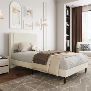 Twin Bed Frame Upholstered Platform Bed with Fabric Headboard, Non-Slip and Noise-Free - 1 of 4