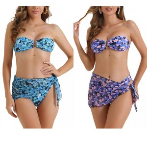 INSPIRE CHIC Women's Floral Print Bandeau Tie Back Swimwear Triangle Bottoms Bathing Bikini Suits 3 Pieces 2 Sets - 1 of 4