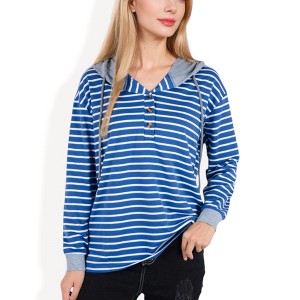 Anna-Kaci Women's Striped Long Sleeve Pullover Hoodie with Button-Down Collar and Cuffed Sleeves - 1 of 4