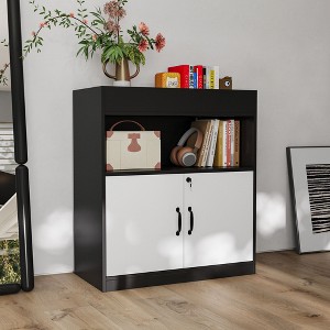 Hitow Black and White Lockable Storage Cabinet Bookshelf Adjustable Shelf Open Shelf Living Room Decor & Storage Unit  Pet Gear & Home Organizer - 1 of 4