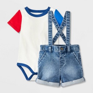 Baby Boys' Denim Suspender Set - Cat & Jack™ Red/Blue - 1 of 4