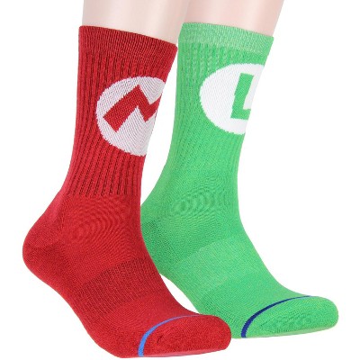 Nintendo Super Mario Adult Mario And Luigi Character Costume 2 Pair Crew Socks Multicoloured