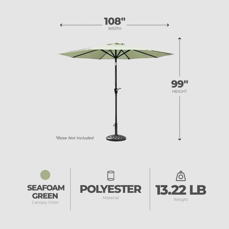 Four Seasons Courtyard 9 Foot Patio Market Umbrella Round Polyester Fabric Outdoor Backyard Shaded Canopy with Crank Life and Auto Tilt, Seafoam Grean, 3 of 7