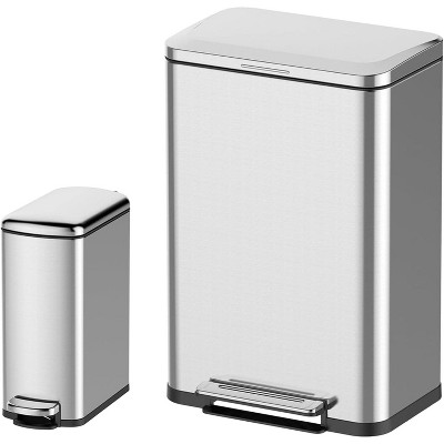 Kitchen Trash Can Set of 2 – 50 Liter (13 Gallon) Large Kitchen Bin & 8 Liter (2 Gallon) Small Bathroom Can, Stainless Steel Step-On Trash Cans