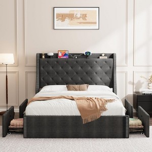 Bed Frame with Storage, 4 Under Bed Drawers and Wingback Headboard, Diamond Tufted Upholstered Platform, No Box Spring Required - 1 of 4