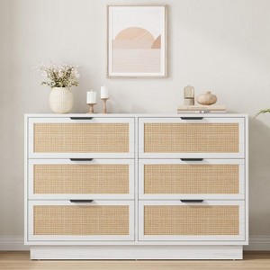 Rattan 6 Drawer Dresser, Wide Chest of Drawers with Metal Handles, Sturdy Wood Base, Bedroom Storage Organizer - 1 of 4