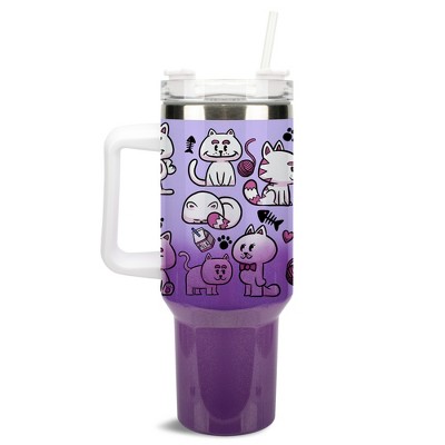 100 North Cartoon Purple Cat Yarn Fish Milk 40 oz. Stainless Steel, Large Water Bottle Coffee Mug, Spill & Leak Resistant, Thermal Travel Tumbler with