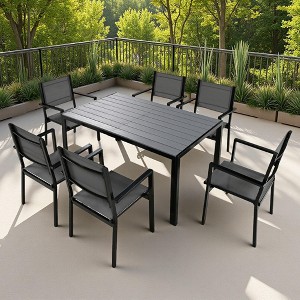7-Piece Outdoor Patio Steel Dining Set with Rectangular Table and 6 Textile Armchairs - 1 of 4