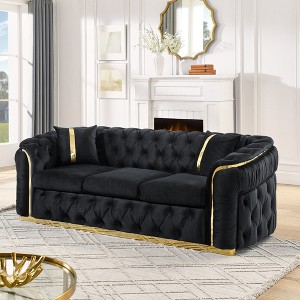90.6" Velvet 3-Seater Button Tufted Sofa Couch with Gold Stainless Steel Accents for Living Room with 2 Pillows - 1 of 4