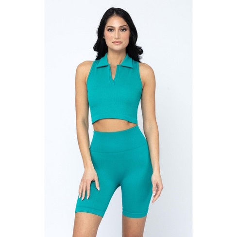 90 Degree By Reflex Womens Wonderlink Criss Cross Hybrid Ribbed Tank And 7 Bike  Short Set - Tropical Green - Small : Target