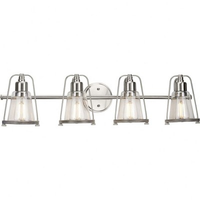 Progress Lighting Conway 4-Light Bath Vanity Light, Brushed Nickel, Clear Seeded, Bell-Shaped, Farmhouse Collection