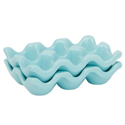 Farmlyn Creek 2 Pack Ceramic Half Dozen Egg Tray Holder for Countertop, Refrigerator, Porcelain Egg Carton Holds 6 Chicken Eggs for Easter, Teal