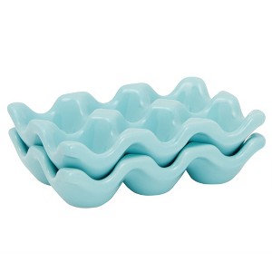 Farmlyn Creek 2 Pack Ceramic Half Dozen Egg Tray Holder for Countertop, Refrigerator, Porcelain Egg Carton Holds 6 Chicken Eggs for Easter, Teal - 1 of 4