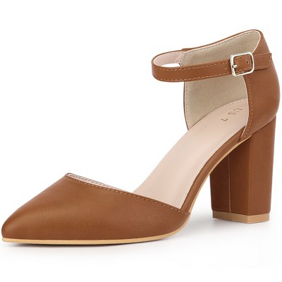 BLISSFUL STEP Women's Ankle Strap Pointy Toe Chunky Heel Pumps
