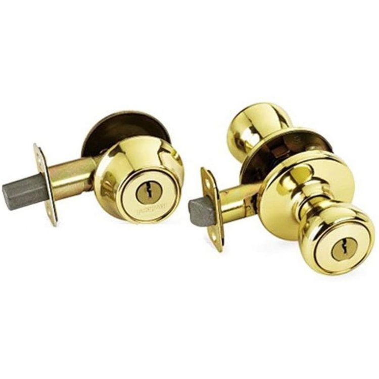 Kwikset Tylo Entry Knob and Single Cylinder Deadbolt Combo, Polished Brass, 1 of 3