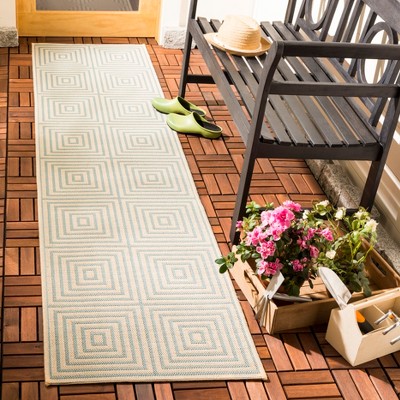 Cream and Aqua Geometric Indoor/Outdoor Runner Rug 2'2" x 6'