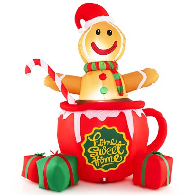 Tangkula 7 FT Christmas Inflatable Gingerbread Man in Hot Cocoa Mug Xmas Blow up Yard Decoration with Built-in LED Lights Candy and Gift Boxes