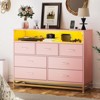 7 Drawer Wooden Dresser with Charging Station, Long Wide Chest of Drawers Storage Cabinet for Bedroom or Living Room, Modern Organizer, Pink - 3 of 4
