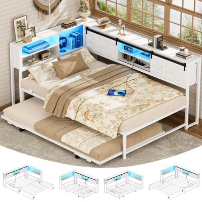 Aheaplus L-Shaped DayBed with Charging Station, Corner Bed Frame with Bookcase and Sliding Door