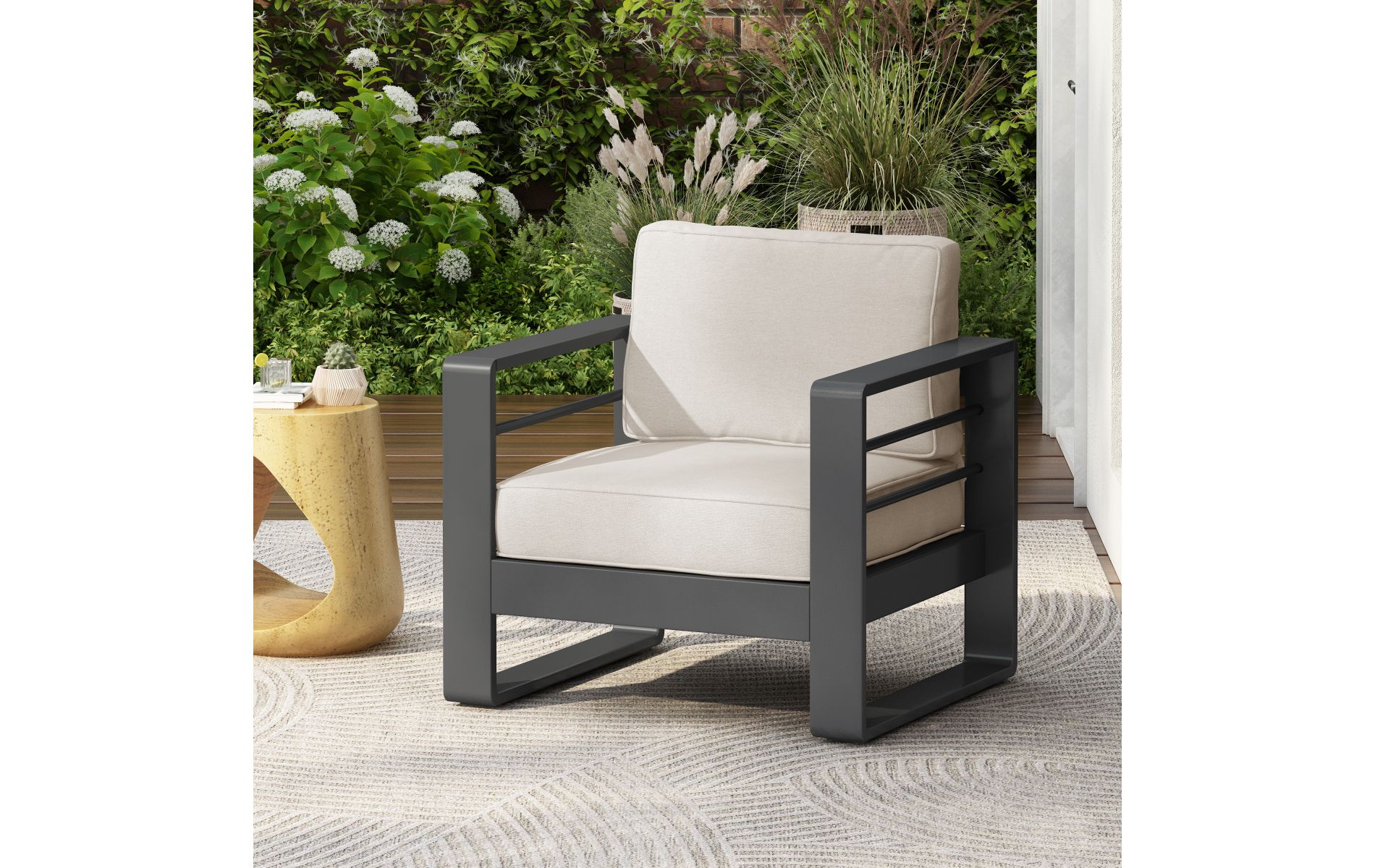 Aluminum Outdoor Club Chair with Beige Cushion, Modern 32" Patio Lounge Chair with Rust Resistant Frame for Garden-3irtyhousy
