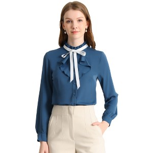 Allegra K Women's Work Office Ruffle Neck Long Sleeve Ribbon Button Down Blouses - 1 of 4