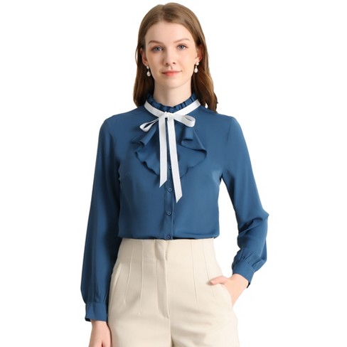 Allegra K Women's Work Office Top Blouse Ruffle Neck Long Sleeve Ribbon  Button Down Blouses Blue Small : Target
