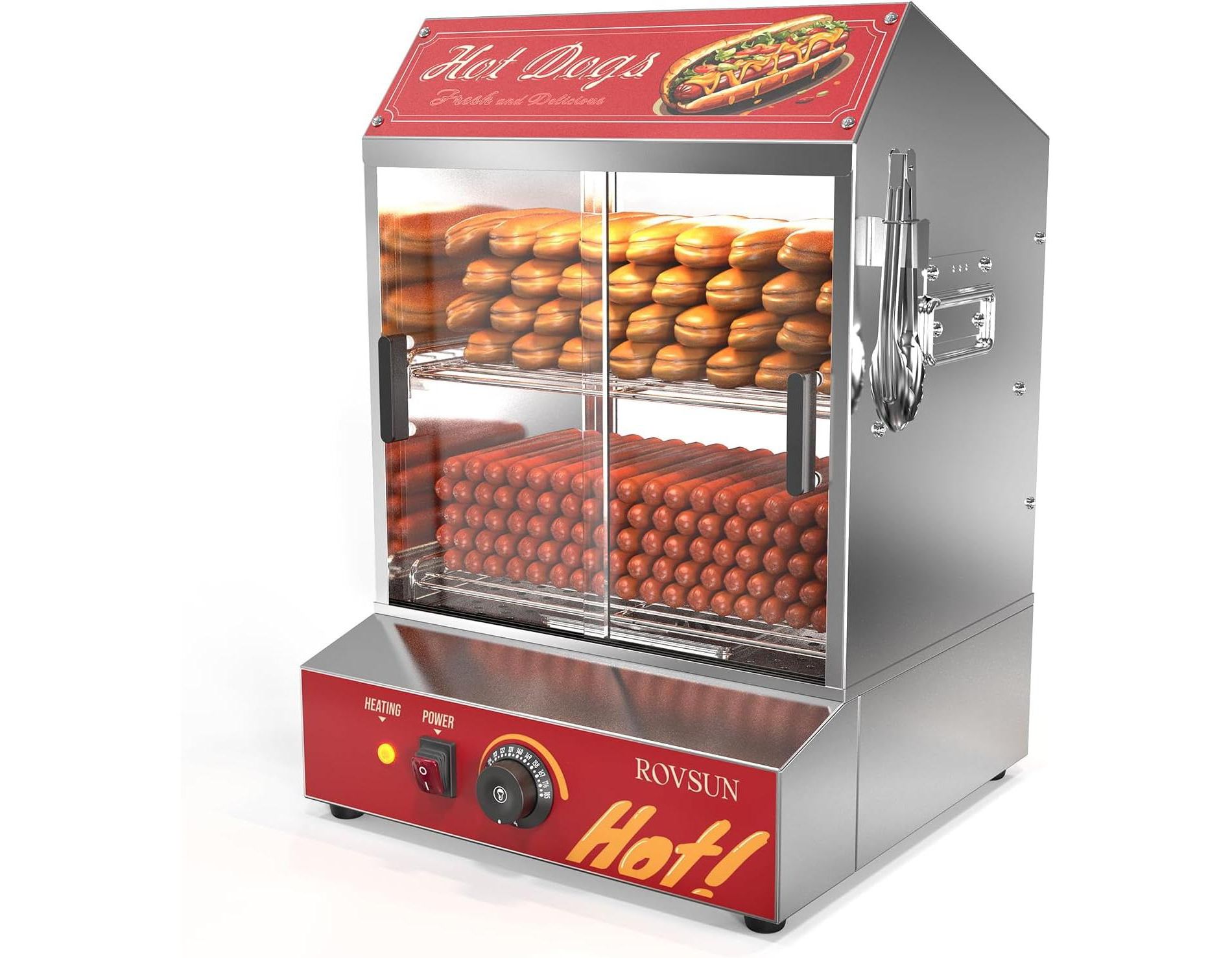 ROVSUN 42.3QT/40L Hot Dog Steamer, 2-Tier Hut Steamer Hot Dog Steamer with Bun Warmer Cooker 235 Hot Dogs & 50 Buns Capacity